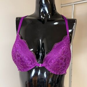 La Senza Purple Lace Push Up Bra 34C Racerback Floral Lingerie Gold Detail